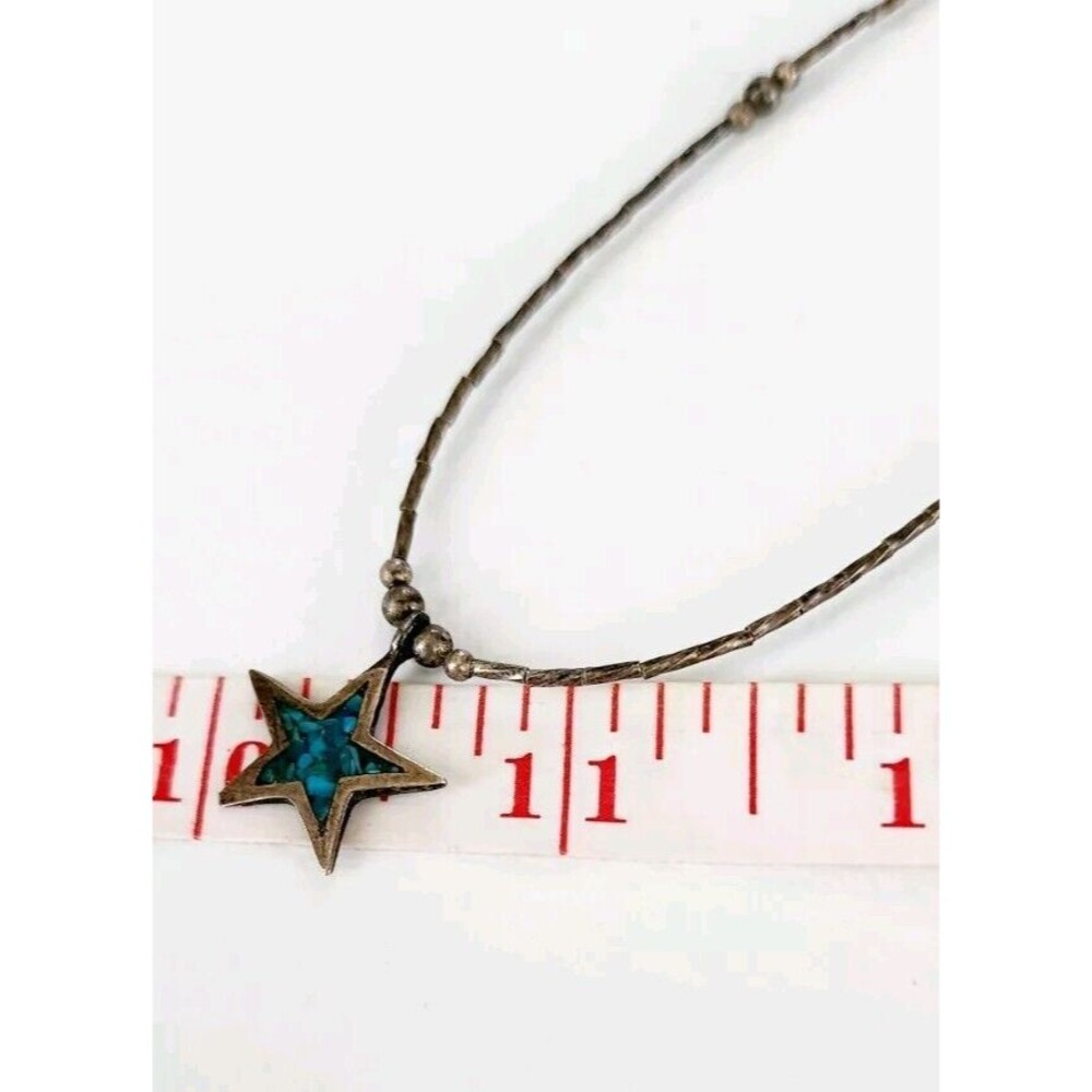 Sterling Silver 925 Turquoise Inlay Star Pendant Necklace 16" 4.61g Southwestern - Picture 7 of 8